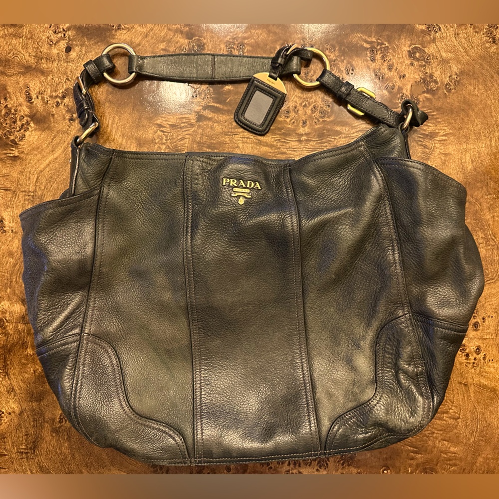 Prada Vitello Daino Side Pocket Zip Large Hobo with original Prada card
